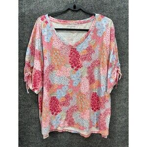 Talbots Tie Sleeve Tee Shirt Womens 2X Pink Floral Elbow Sleeve V-Neck Slub Top